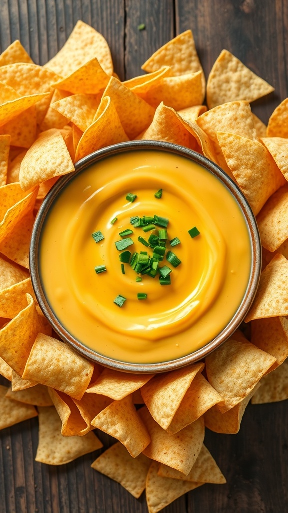 Bowl of creamy vegan queso with tortilla chips on a wooden table.